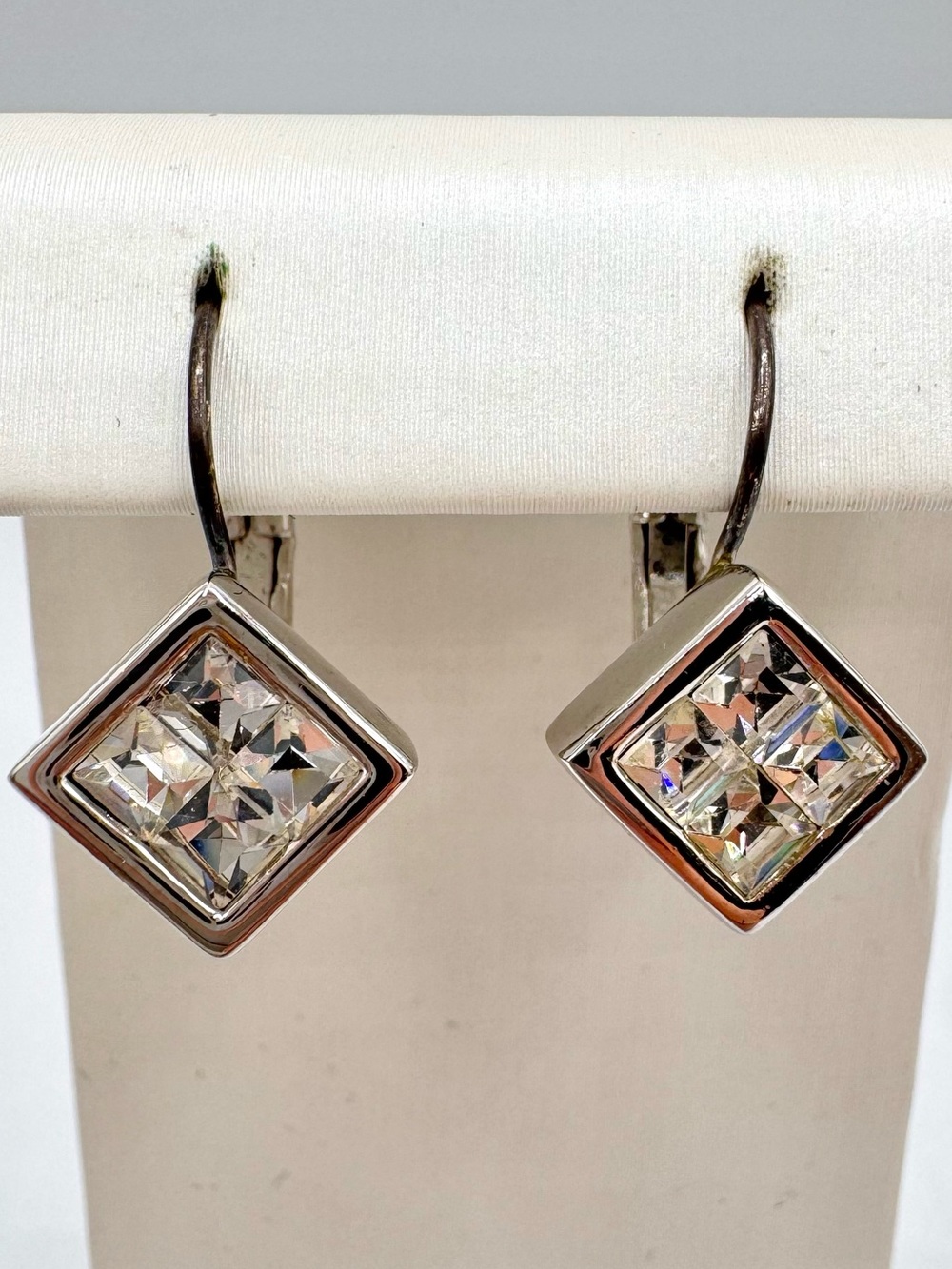 Nolan Miller Princess Cut Square Crystal Dangle Earrings Silver Tone Signed
